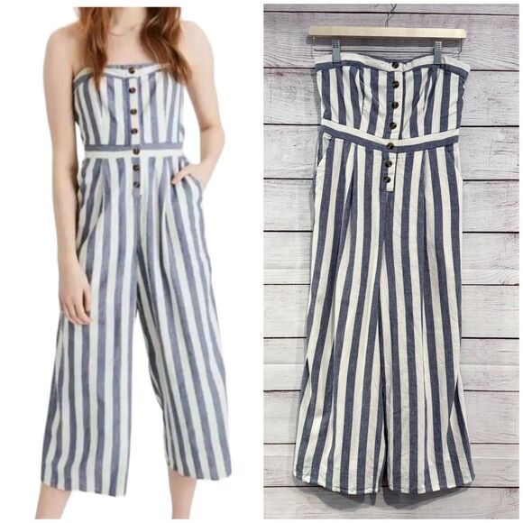 American Eagle Blue Ivory Striped Button Front Jumpsuit Size Small Petite - Picture 1 of 13
